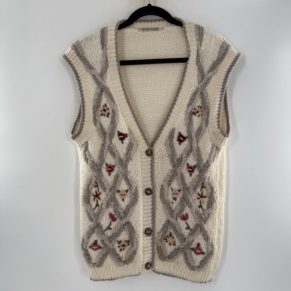 Vintage Hand Knit Sweater Vest Womens Large Geometric Floral White Beige